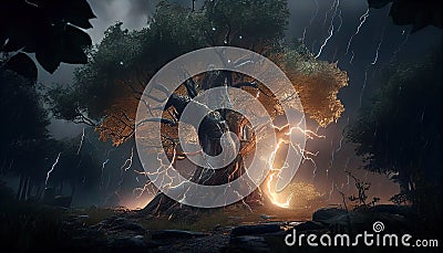 Lightning Strikes: A Tree's End, Made with Generative AI Stock Photo