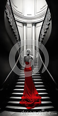 AI generated young female in red dress standing on stairway Stock Photo