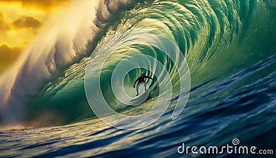 AI generated young male surfer riding the crest of a large ocean wave on a surfboard Stock Photo