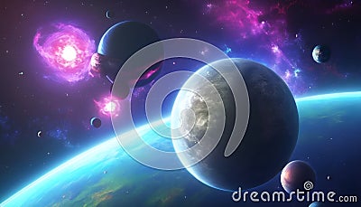 space background with planets and stars, pink milkyway with cyan lights ambience on dark background Stock Photo