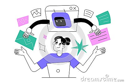 Ai generates an image for human, person types a prompt for Artificial intelligence bot to generate artwork, vector Vector Illustration