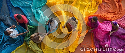 AI generation photography dyeing cloth, photo of people dying cloth different colorful Stock Photo