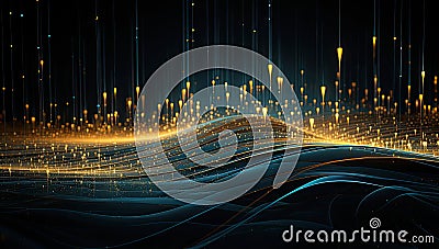 abstract lines and dots, in the style of virtual and augmented reality, light-focused, low bitrate, dark cyan and gold Stock Photo