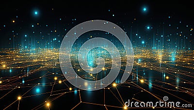 abstract lines and dots, in the style of virtual and augmented reality, light-focused, low bitrate, dark cyan and gold Stock Photo