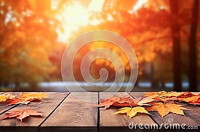 AI generative. Background of autumn forest and old wooden deck table Stock Photo