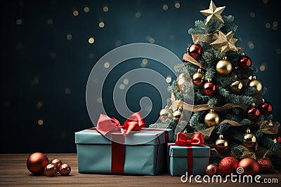 Ai Generative Background of christmas tree and red gift box on a christmas empty background with copy space Stock Photo