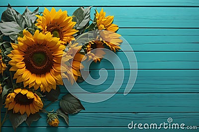 Beautiful floral sunflowers on teal rustic wood banner with copy space text Stock Photo
