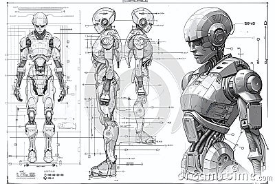 ai generative blueprint for armored humanoid robot components Stock Photo
