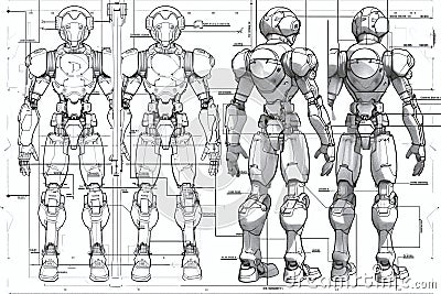 ai generative blueprint for armored humanoid robot components Stock Photo