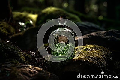 Ai Generative A bottle of whisky on a rock in the forest Stock Photo