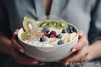 AI GENERATIVE, Closeup image of a woman holding a plate of healthy breakfast Cartoon Illustration