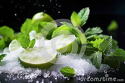 Ai generative. Closeup of a ingredients, lime, sugar, ice, mint leaves Stock Photo