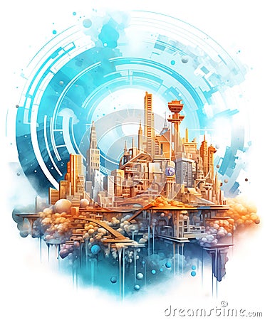 Ai generative concept illustration with modern townscape and time symbols Cartoon Illustration