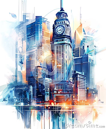 Ai generative concept illustration with modern townscape and time symbols Cartoon Illustration