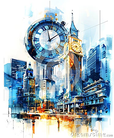 Ai generative concept illustration with modern townscape and time symbols Cartoon Illustration