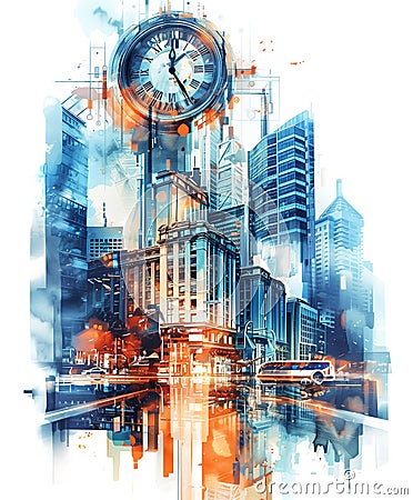 Ai generative concept illustration with modern townscape and time symbols Cartoon Illustration