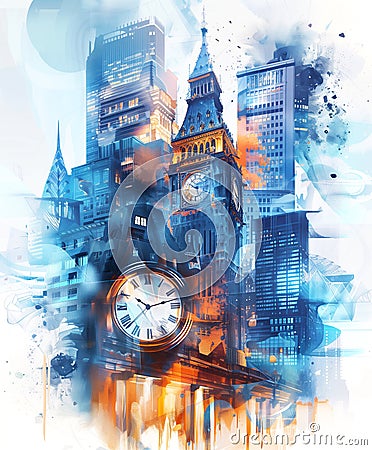 Ai generative concept illustration with modern townscape and time symbols Cartoon Illustration