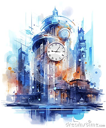 Ai generative concept illustration with modern townscape and time symbols Cartoon Illustration