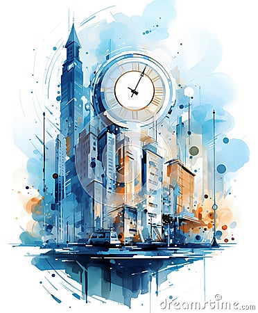 Ai generative concept illustration with modern townscape and time symbols Cartoon Illustration