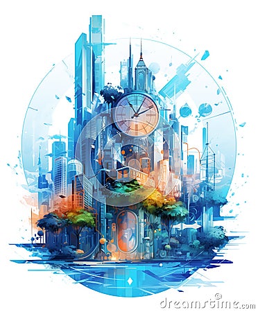 Ai generative concept illustration with modern townscape and time symbols Cartoon Illustration