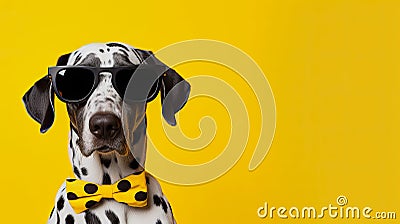 cool dalmatian portrait with black sunglasses and a yellow dotted bow tie on yellow background with copy space Stock Photo