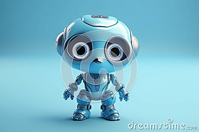 Ai Generative Cute blue baby robot with blue eyes on blue background. 3d rendering Stock Photo