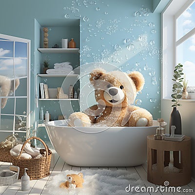 AI generative Cute teddy bear in bathtub in bathroom. 3D rendering Stock Photo