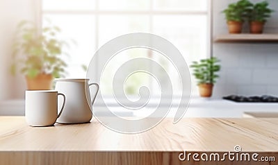 AI generative. Empty wooden table in front of blurred kitchen background Stock Photo