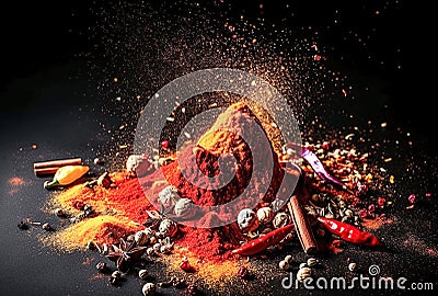 Ai generative. Explosion of different spices on a dark Stock Photo