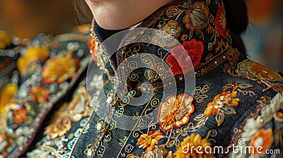 Exquisite traditional embroidered costume with detailed neckpiece. Stock Photo