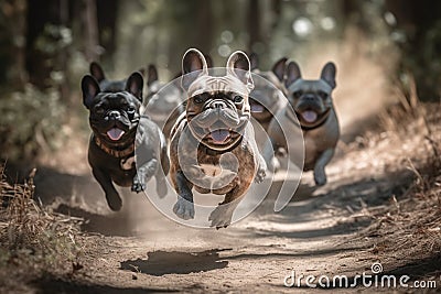 Ai Generative French bulldogs running in a race, selective focus on the dog Stock Photo