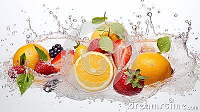 AI Generative.fresh multi fruits and vegetables splashing into blue clear water splash healthy food diet freshness concept Stock Photo