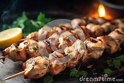 Ai Generative Grilled chicken fillet on skewers with lemon and parsley Stock Photo