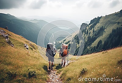Ai generative. Group of tourists hiking in the mountains Stock Photo