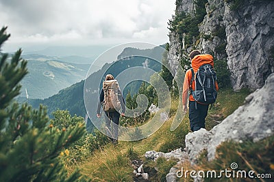 Ai generative. Group of tourists hiking in the mountains Stock Photo