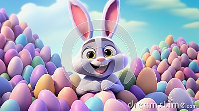 illustration of a cute rabbit in the middle of a stack of pastel colored easter eggs Cartoon Illustration