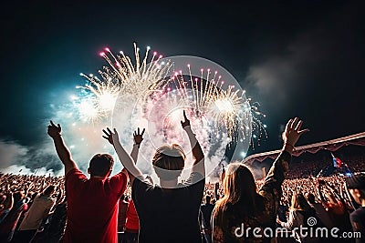 Ai generative. Excited audience back view watching confetti fireworks and having fun Stock Photo