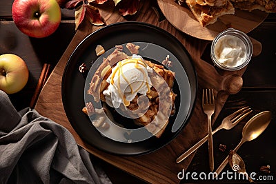 warm apple pie with a scoop of vanilla ice cream Stock Photo