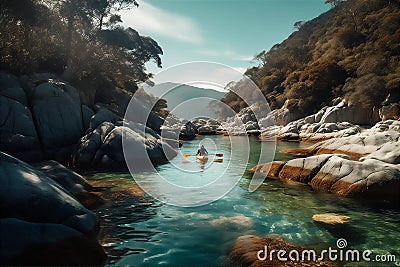 AI generative image of a kayaker paddling through tranquil canyon Stock Photo