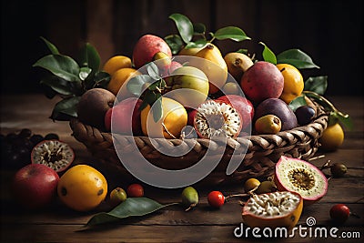 AI generative image of overflowing basket with fresh tropical fruit on dark Stock Photo