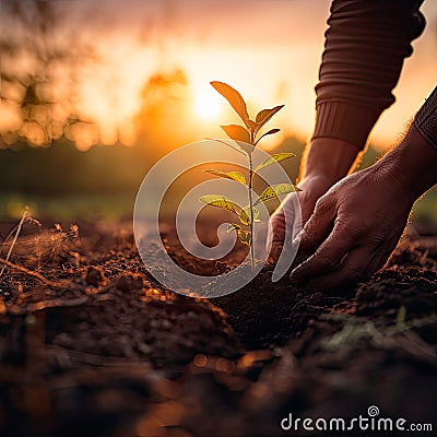 Sunset Reforestation: Planting Hope for Tomorrow AI-generated Stock Photo