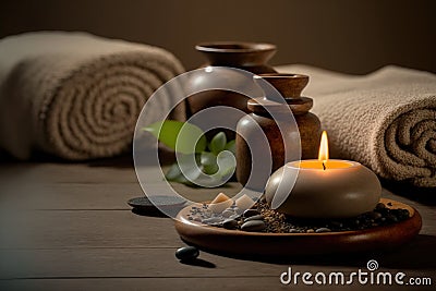 AI Generative image, spa accessory composition set in spa hotel wellness center Stock Photo