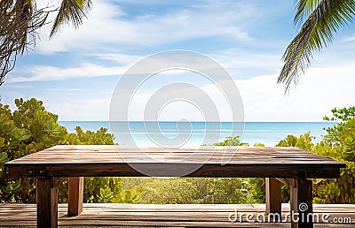 Ai generative. Wooden table looking out to tropical ocean Stock Photo