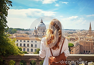 Ai generative. Young tourist girl, back view, girl standing on the hill looking on the cathedral Stock Photo