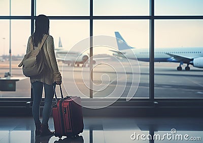 Ai generative. Young woman goes at airport Stock Photo