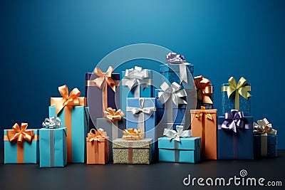 Colorful Christmas giftboxes with ribbons and bows next to the blue wall Stock Photo