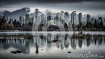 AI generative view of Vancouver's skyline from across water at night. Stock Photo