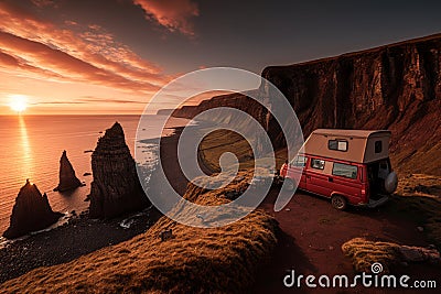 AI GENERATIVE, LANDSCAPE on the cliff is parked a camper van, and next to it a small red camping Cartoon Illustration