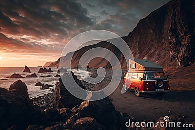 AI GENERATIVE, LANDSCAPE on the cliff is parked a camper van, and next to it a small red camping Cartoon Illustration