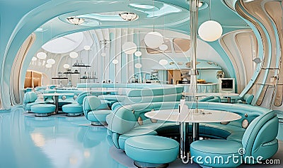 modern futuristic kitschy cafe in light blue Stock Photo